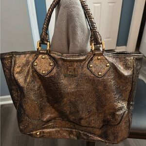 Halston Heritage Mettalic Copper/Gold Tote with Braided Handles
